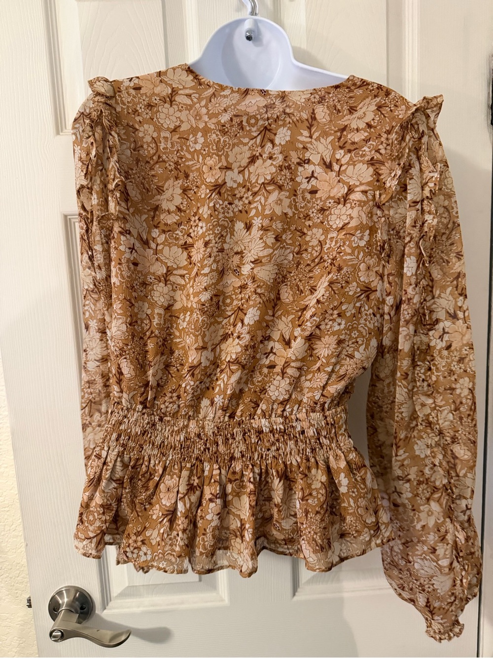 Express Tan Floral Wrap Peplum Blouse - Picture 3 of 4